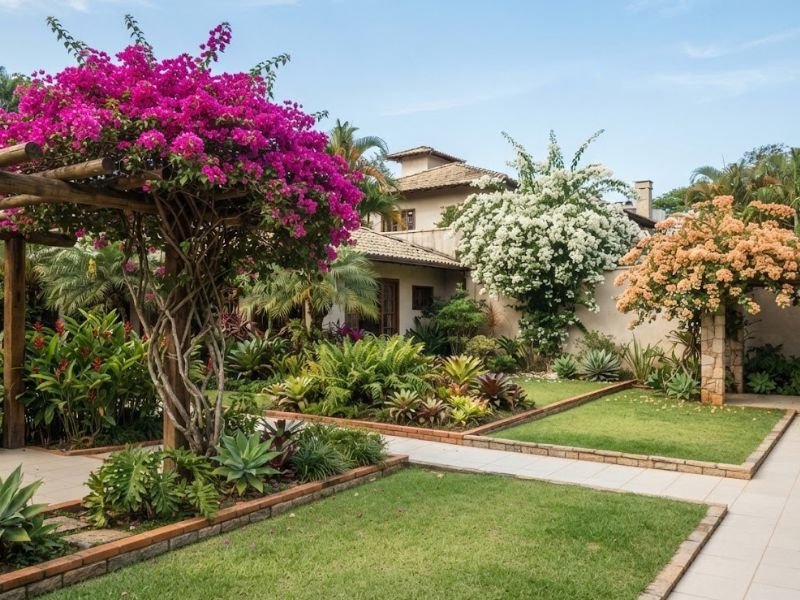 Bougainvilleas magenta, branca e alaranjada em diferentes pontos do jardim