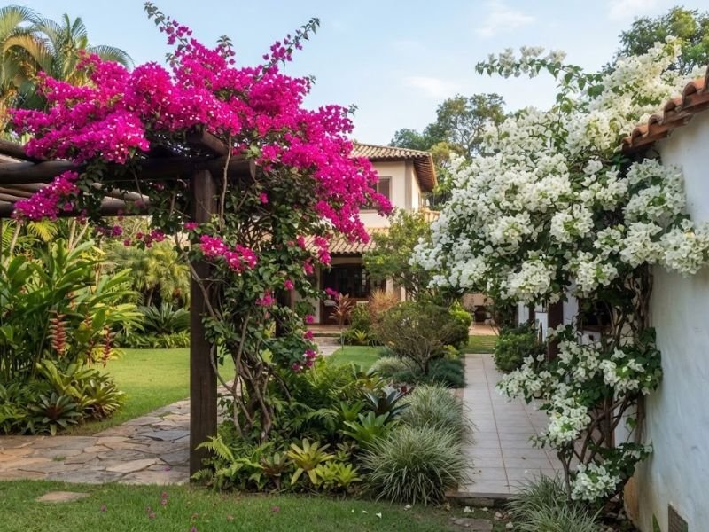 Bougainvilleas magenta e branca de cultivares diferentes em áreas separadas do jardim