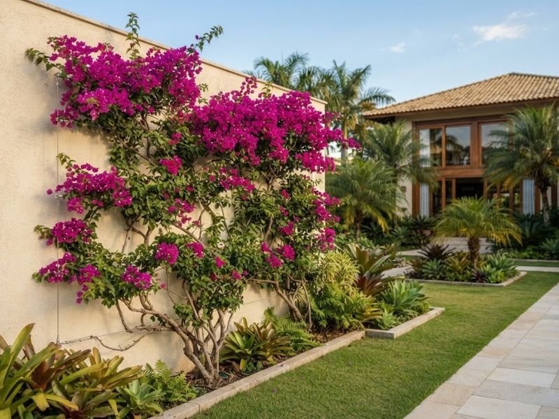Bougainvillea magenta criando contraste com muro claro no jardim