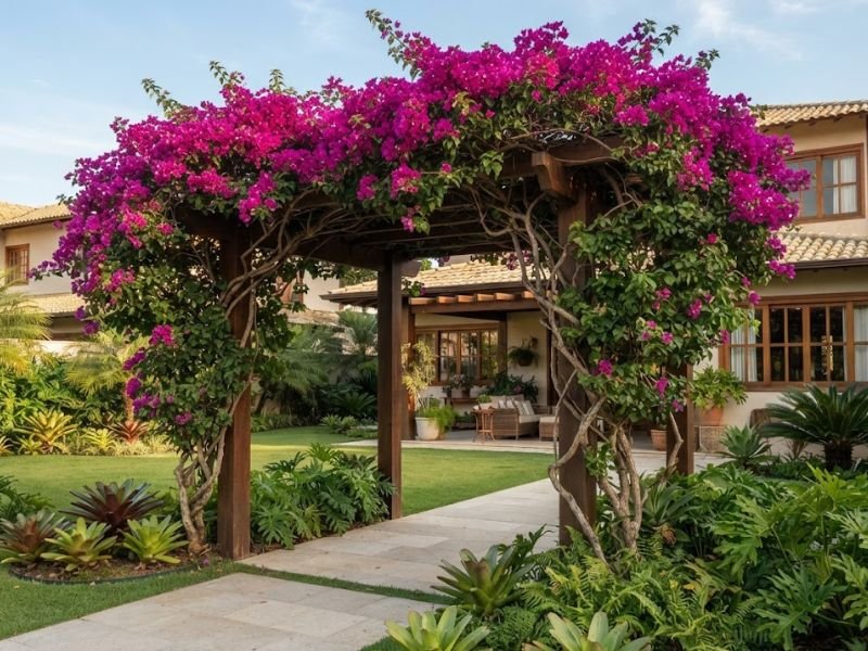 Bougainvillea magenta adulta cobrindo parcialmente pergolado no jardim