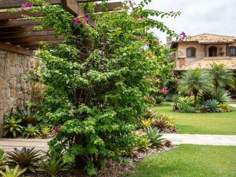 Bougainvillea com muita folhagem verde e poucas brácteas coloridas
