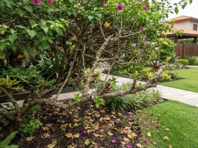 Bougainvillea com ramos parcialmente sem folhas e folhagem caída no solo