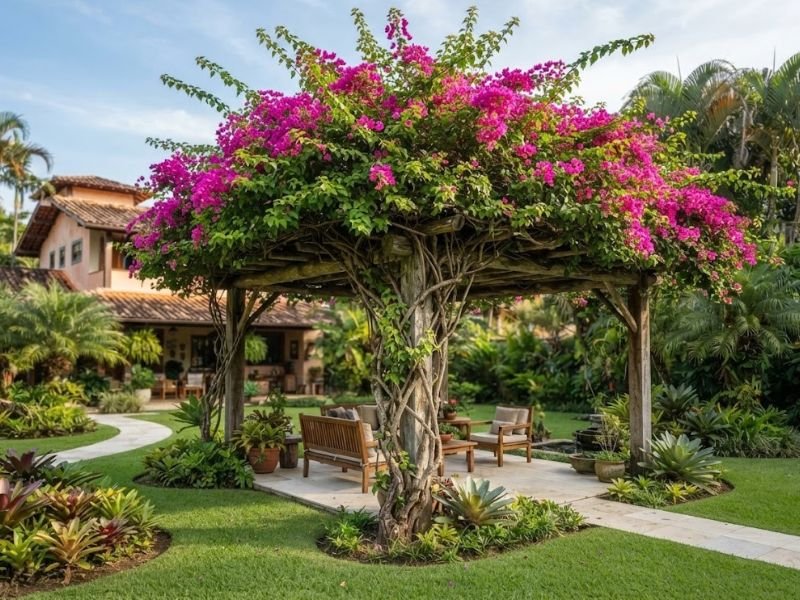 Bougainvillea adulta florida cobrindo pergolado sobre área de convivência