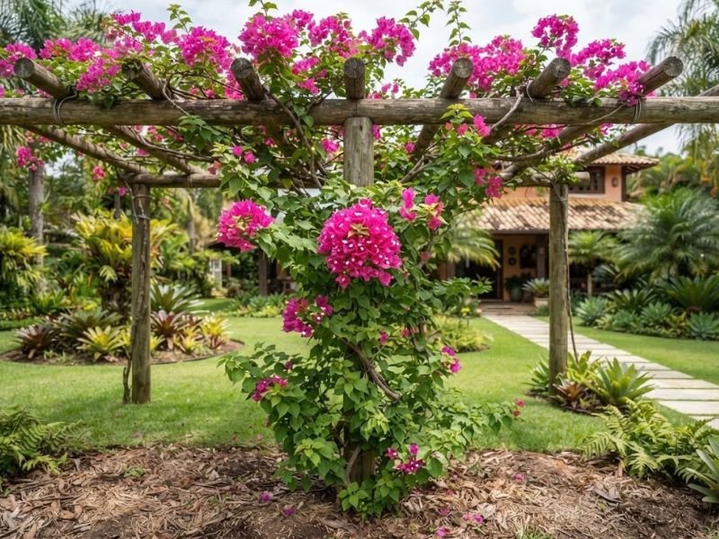 Bougainvillea saudável conduzida em estrutura de madeira no jardim