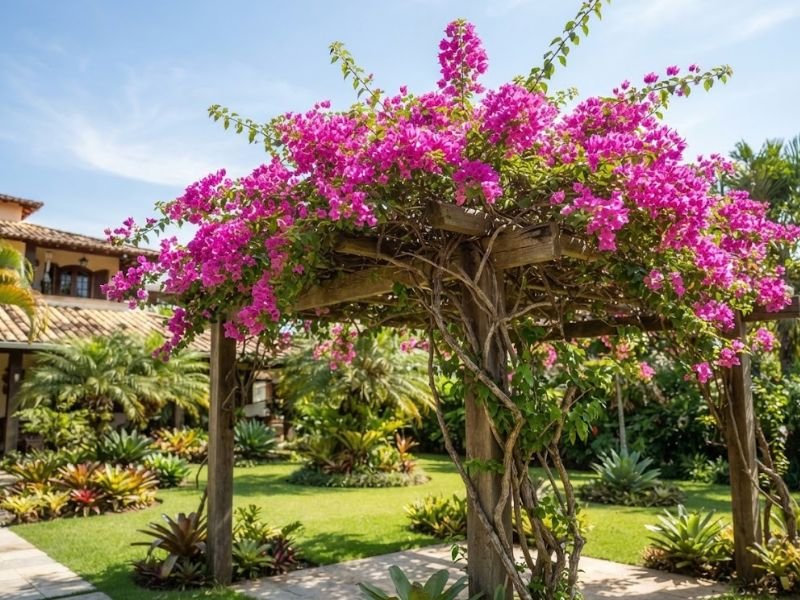 Bougainvillea florida cobrindo pergolado em área ensolarada do jardim