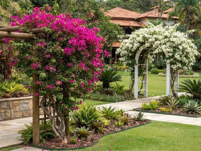 Bougainvilleas magenta e branca cultivadas separadamente no jardim
