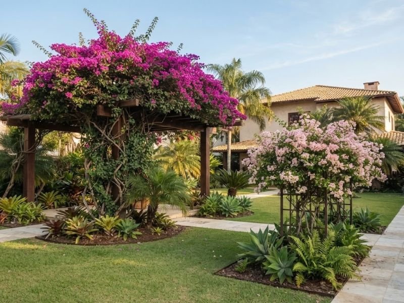 Bougainvilleas de portes diferentes conduzidas em estruturas distintas no jardim