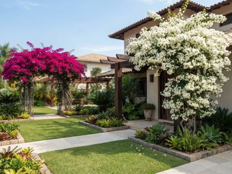 Bougainvillea magenta e branca usadas separadamente em composição paisagística