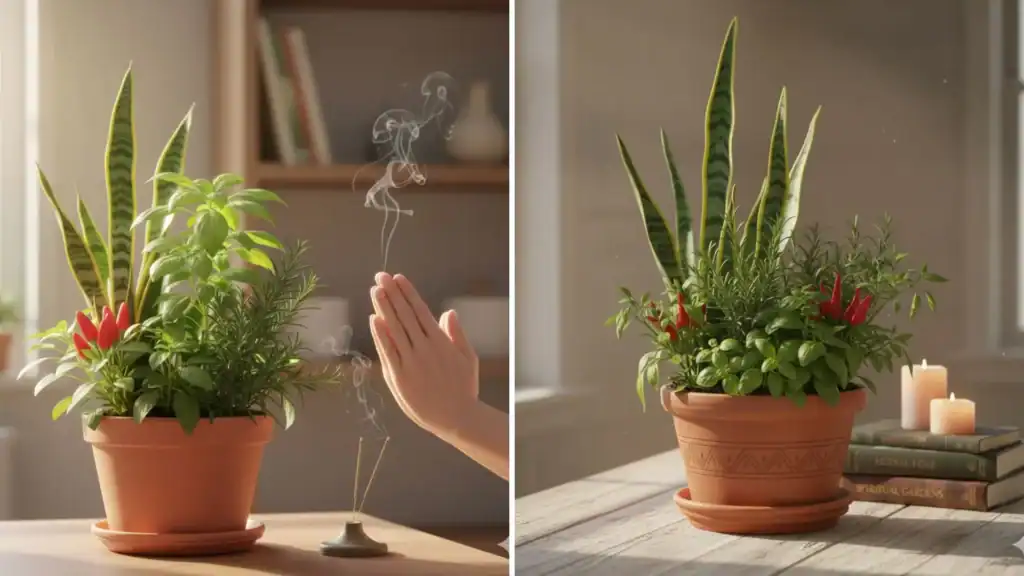 Vaso de sete ervas sendo ativado com incenso e gesto de intenção, ao lado de velas acesas, em ambiente iluminado.