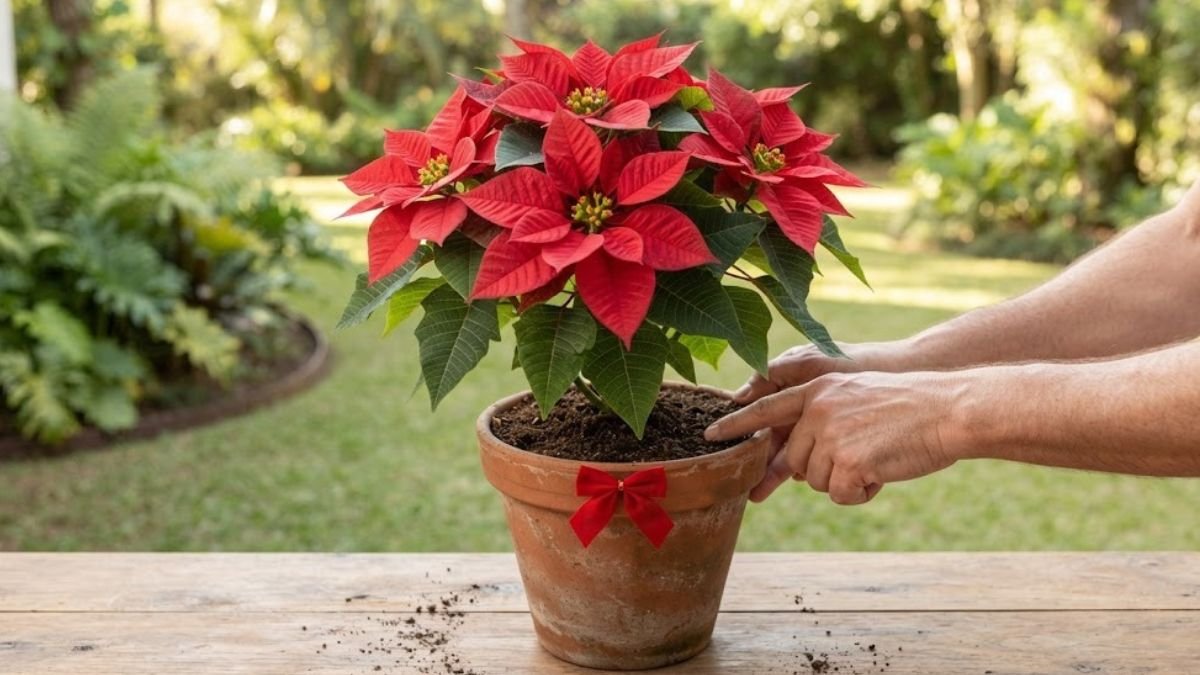 Pessoa verifica a umidade do substrato de uma flor de Natal em vaso de terracota com laço vermelho.