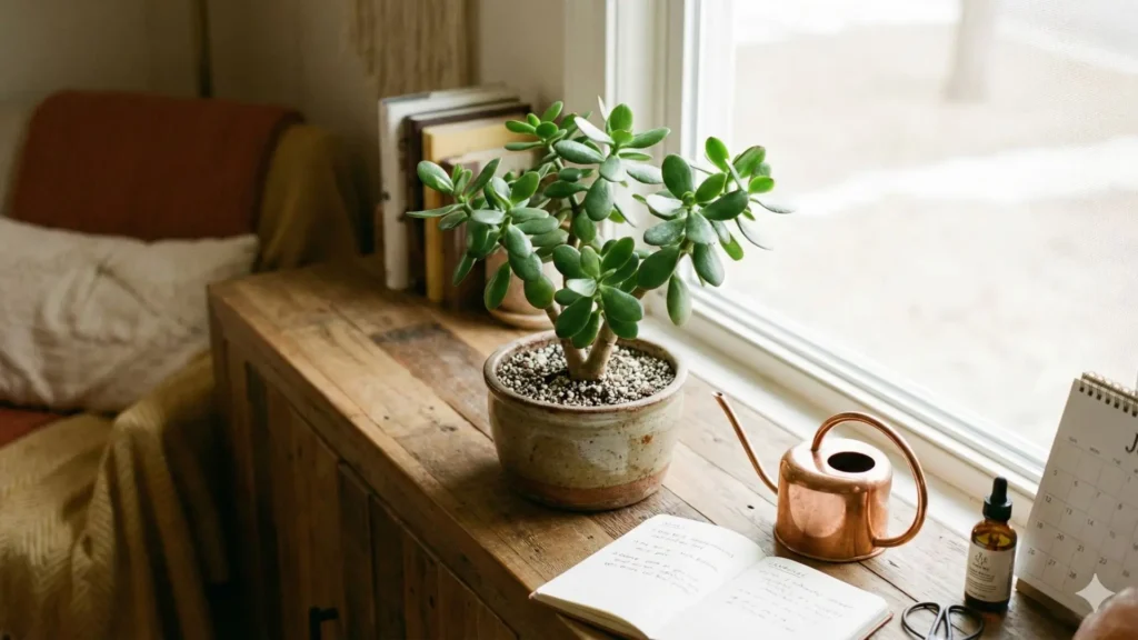 Suculenta jade em vaso de cerâmica posicionada próxima à janela com luz natural e objetos de rotina de cuidados