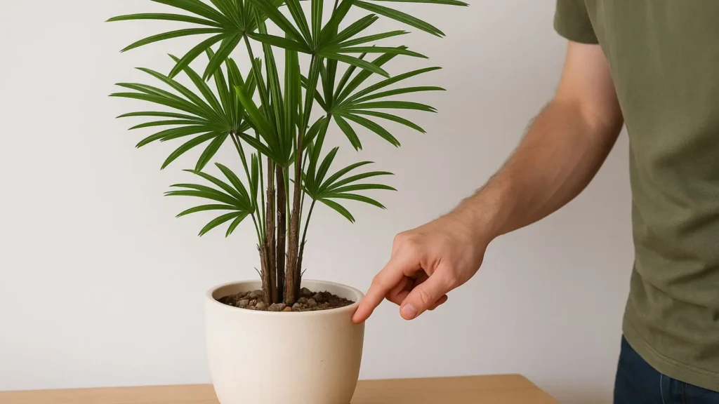 Pessoa testando a umidade do solo de uma palmeira ráfia em vaso — como cuidar da planta de forma simples e sem complicar.