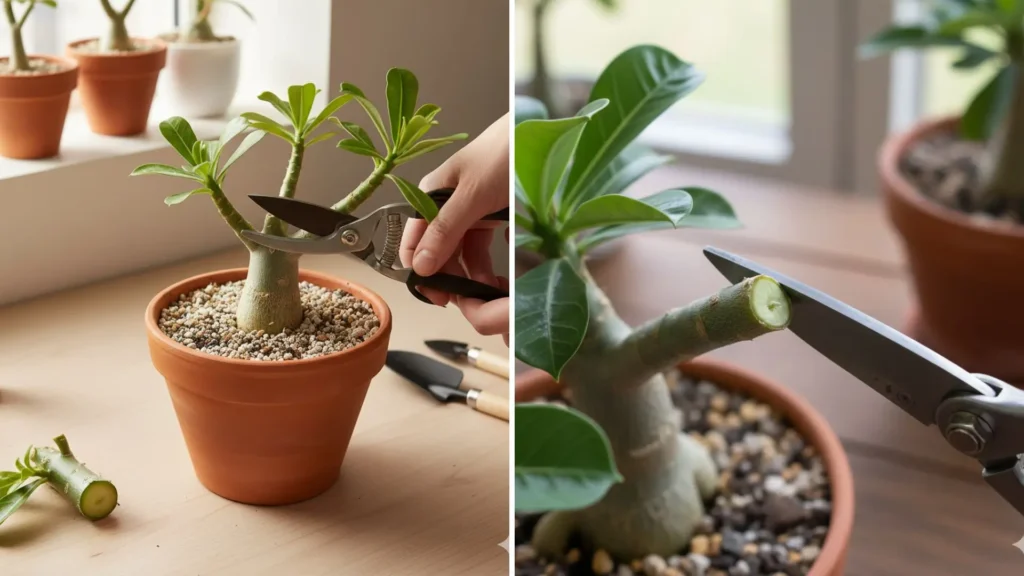 Como fazer muda de rosa do deserto escolhendo e cortando a estaca ideal, mostrando galho saudável sendo podado com ferramenta limpa e corte correto em planta de adenium.