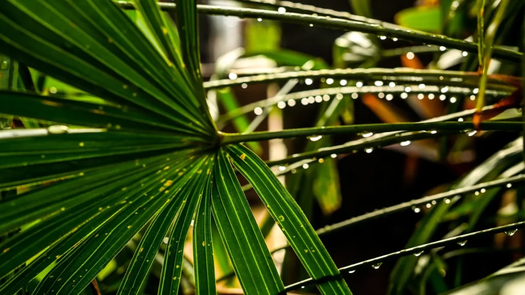 Folha de palmeira ráfia com gotas de água, ilustrando como eu rego a planta sem exagero para evitar encharcamento.