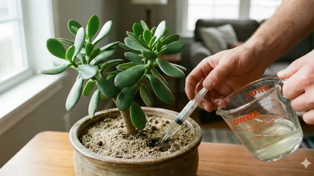 Adubação controlada da suculenta jade em vaso de cerâmica com aplicação precisa no solo