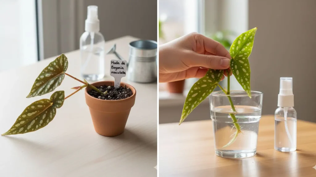 Processo de fazer muda de begonia maculata, mostrando estaca enraizando na água e outra plantada em substrato.