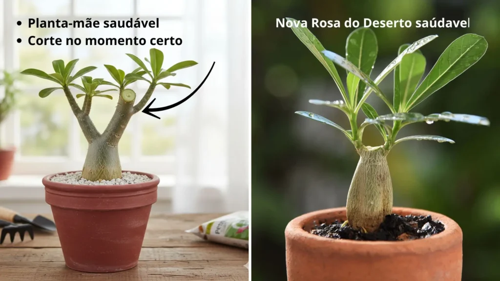 Como fazer muda de rosa do deserto passo a passo mostrando planta-mãe saudável no vaso e mudinha jovem recém-formada, destacando o corte no momento certo e o início do enraizamento.