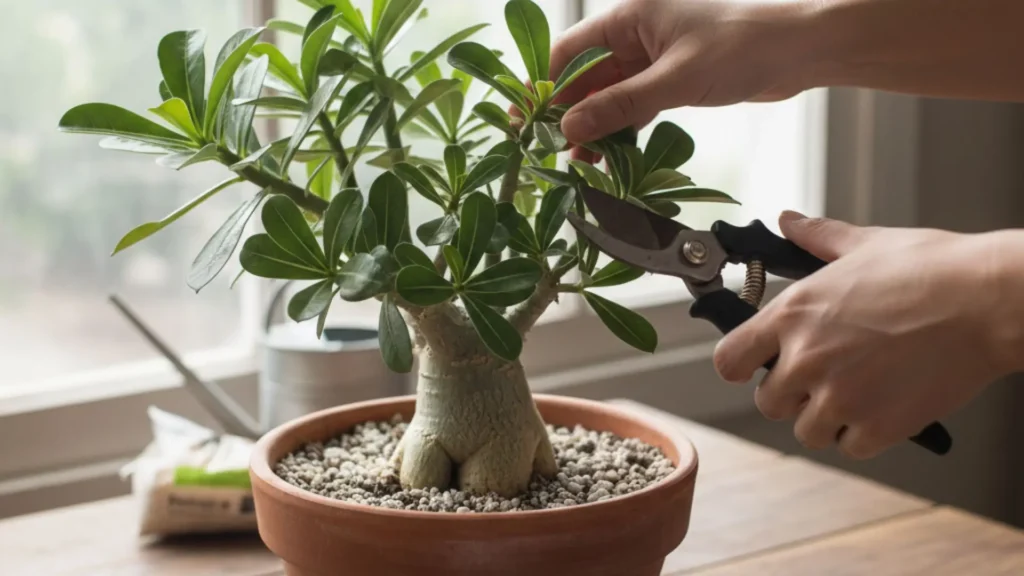 Como fazer muda de rosa do deserto por estaca, mostrando o corte correto de um galho saudável em uma planta de adenium plantada em vaso, com substrato drenante e tesoura de poda.