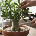 Como fazer muda de rosa do deserto por estaca, mostrando o corte correto de um galho saudável em uma planta de adenium plantada em vaso, com substrato drenante e tesoura de poda.