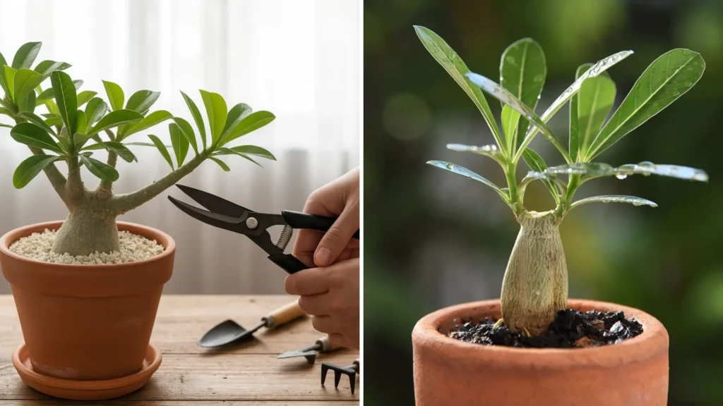 Muda de rosa do deserto por estaca sendo feita passo a passo, com corte correto em galho saudável de adenium plantado em vaso, ilustrando como fazer muda de rosa do deserto com segurança.