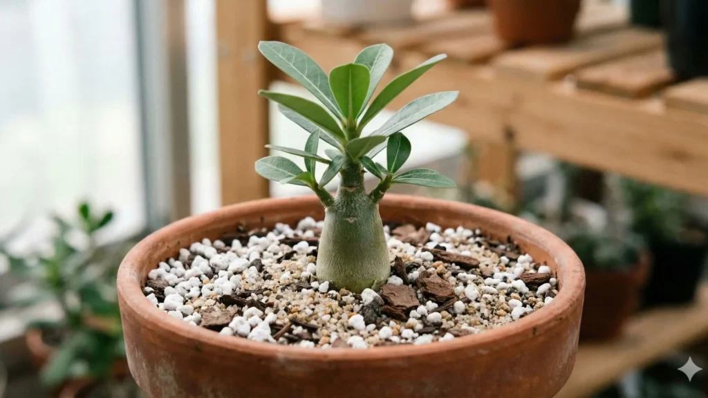Muda jovem de rosa do deserto cultivada em vaso de barro com substrato leve e bem drenado, mostrando caudex saudável e folhas verdes, exemplificando como fazer muda de rosa do deserto com mais chance de sucesso.