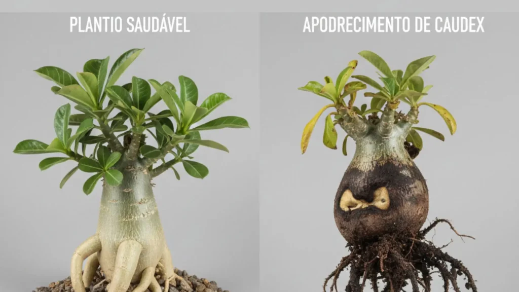 Rosa do deserto saudável comparada a uma rosa do deserto com apodrecimento no caudex, mostrando diferenças visuais claras entre cultivo correto e planta apodrecendo.