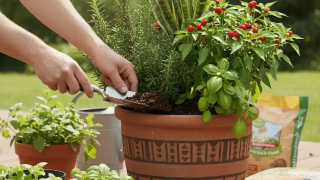 Pessoa montando um vaso de sete ervas com manjericão, alecrim, espada-de-são-jorge e pimenteira, em vaso de barro decorado.