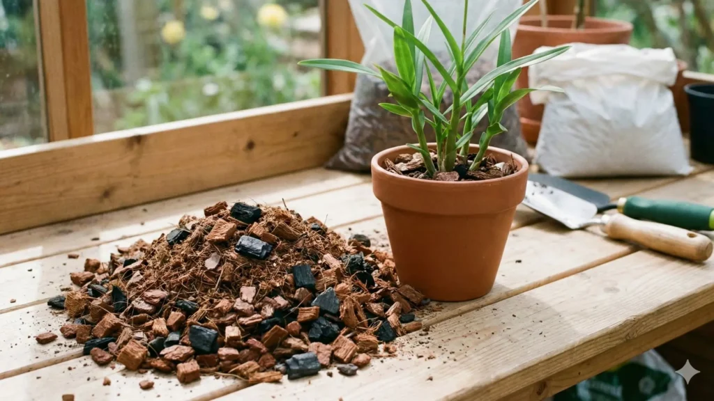 Plantio de orquídea bambu em vaso com substrato drenado, usando casca de pinus e carvão vegetal