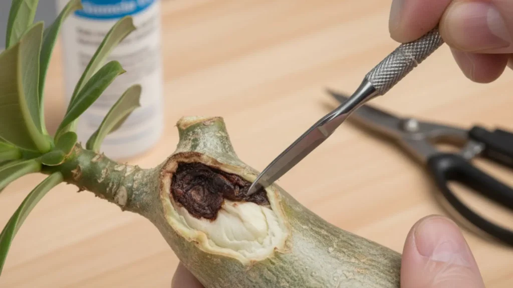 Corte do caudex mostrando área apodrecida em rosa do deserto, demonstrando como salvar rosa do deserto apodrecendo passo a passo