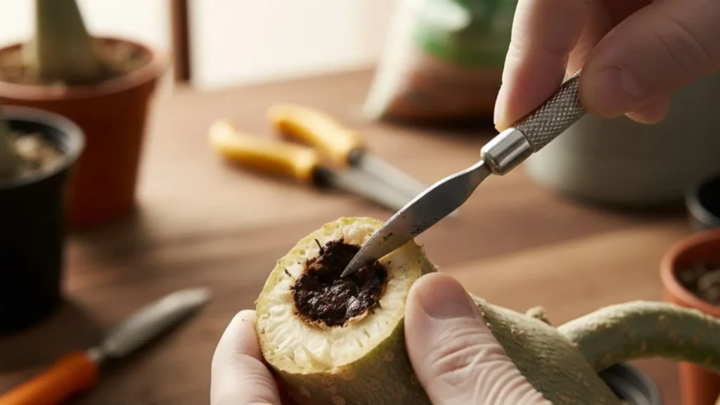 Como salvar rosa do deserto apodrecendo com corte correto do caudex