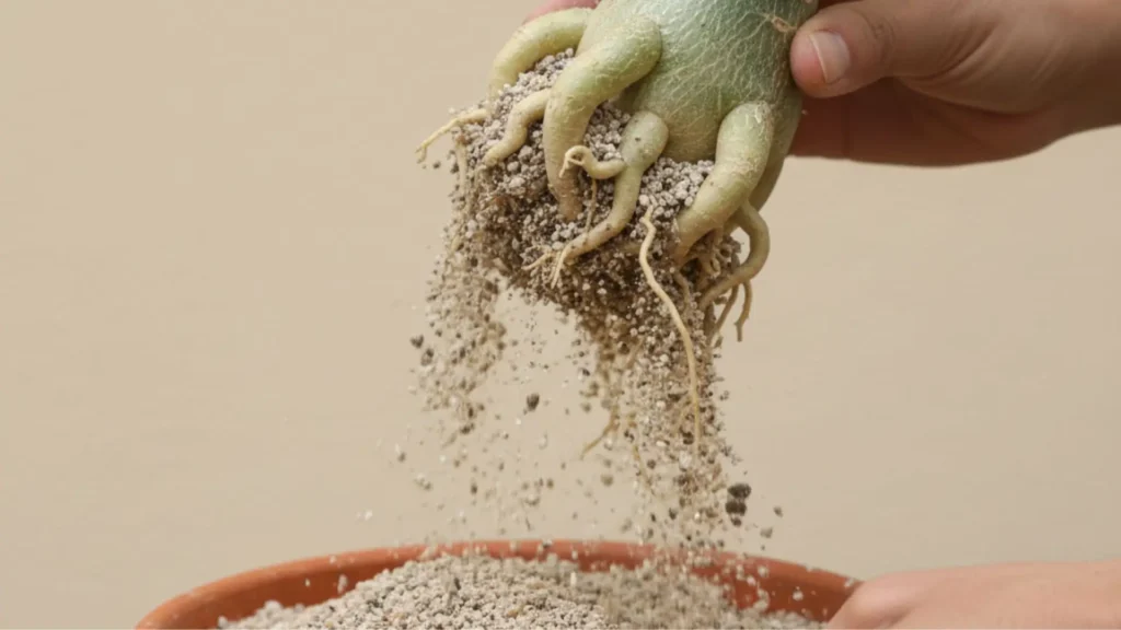 Como salvar rosa do deserto apodrecendo: retirada cuidadosa do vaso para avaliar raízes