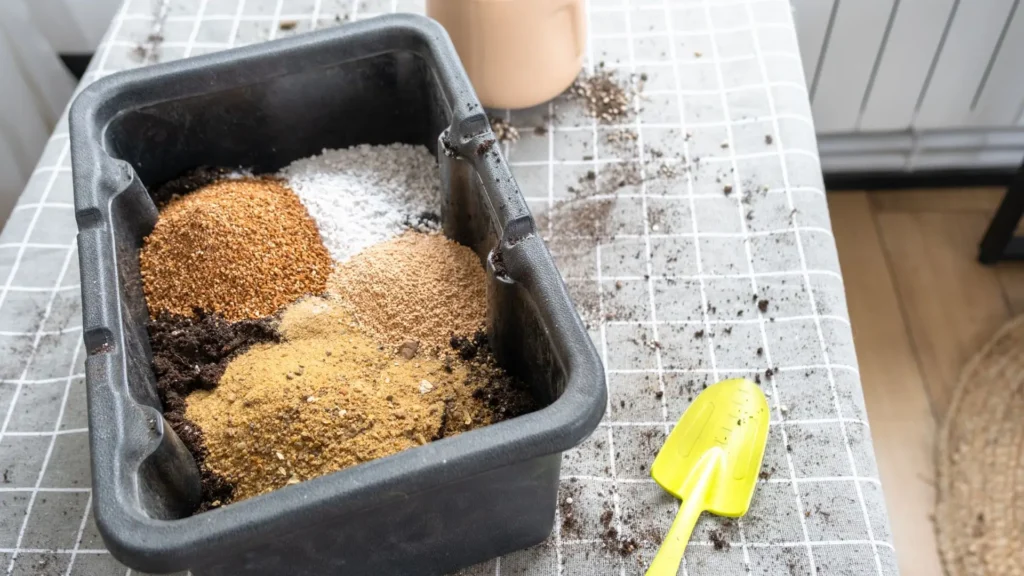 Ingredientes de substrato drenável para rosa do deserto em recipiente separado