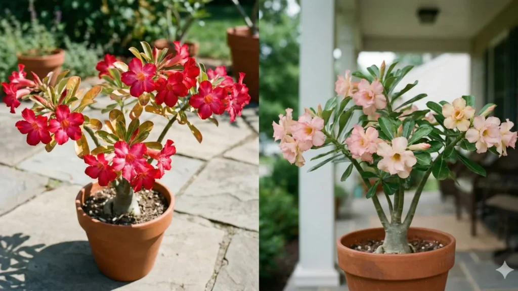 Cores da rosa do deserto variando conforme ambiente e cultivo em plantas cultivadas em vasos