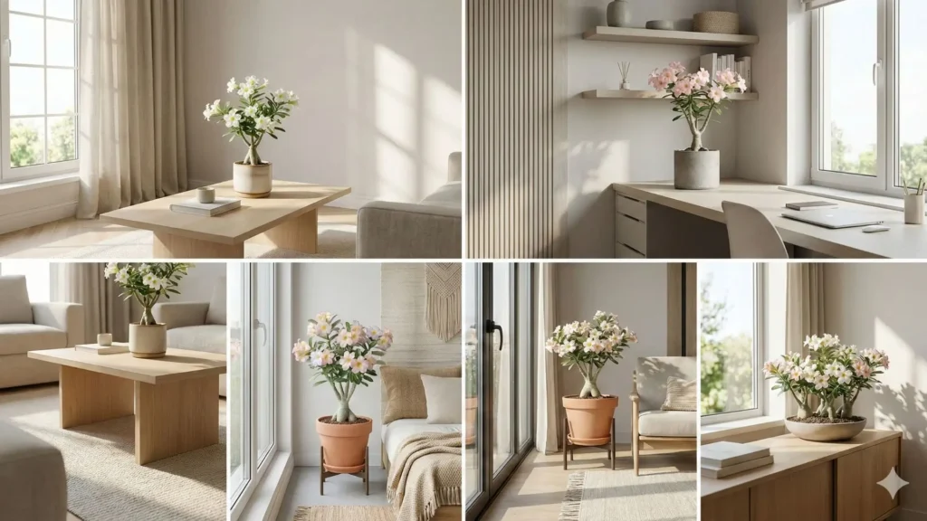 Rosa do deserto em ambientes internos com cores suaves da floração, destacando como as cores da rosa do deserto harmonizam com a decoração da casa.