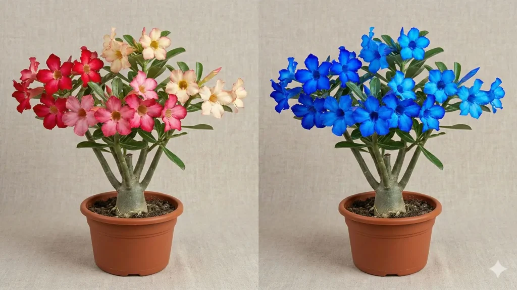 Cores da rosa do deserto comparadas entre flores naturais e versão azul artificialmente manipulada