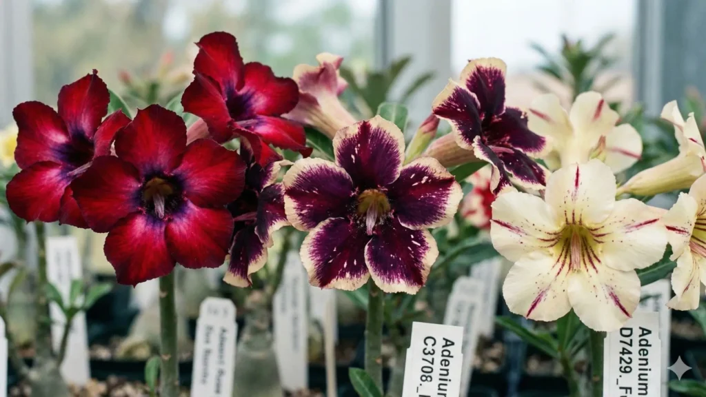 Cores da rosa do deserto com flores de tonalidades raras e mescladas em diferentes variações