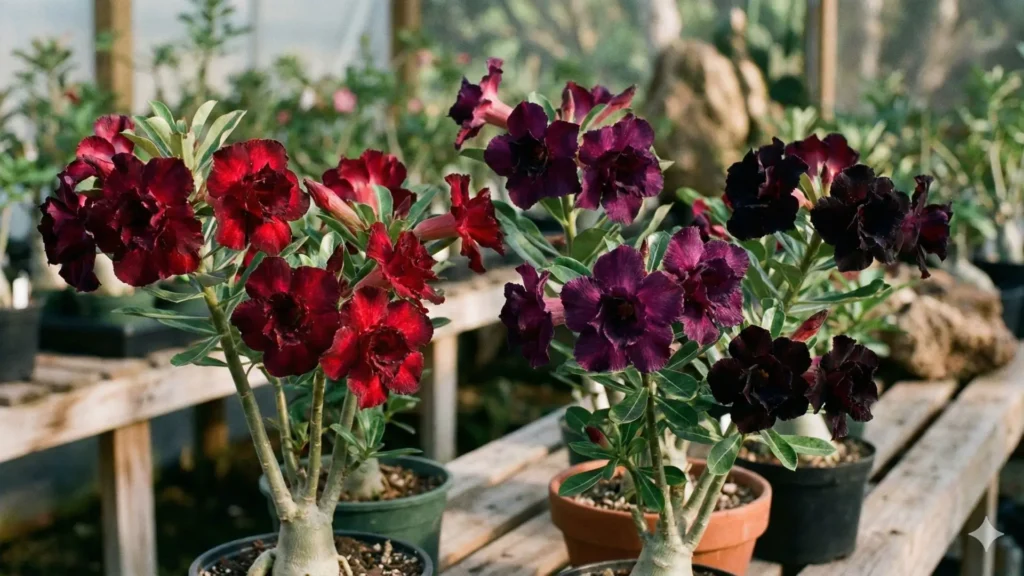 Cores da rosa do deserto com tonalidades raras em vermelho escuro e roxo profundo em vasos