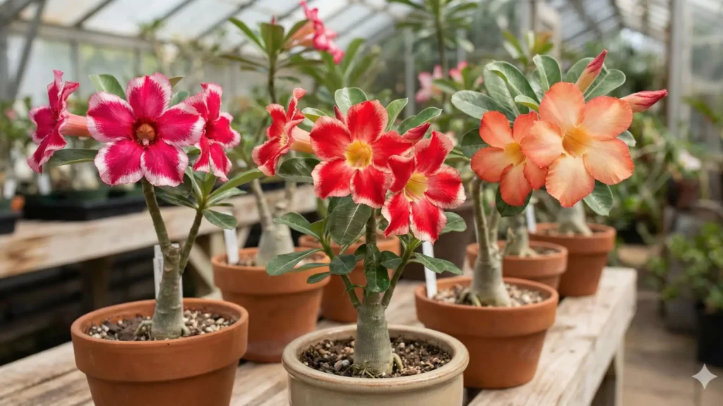 Cores da rosa do deserto em diferentes flores resultantes de cruzamentos e híbridos cultivados em vasos