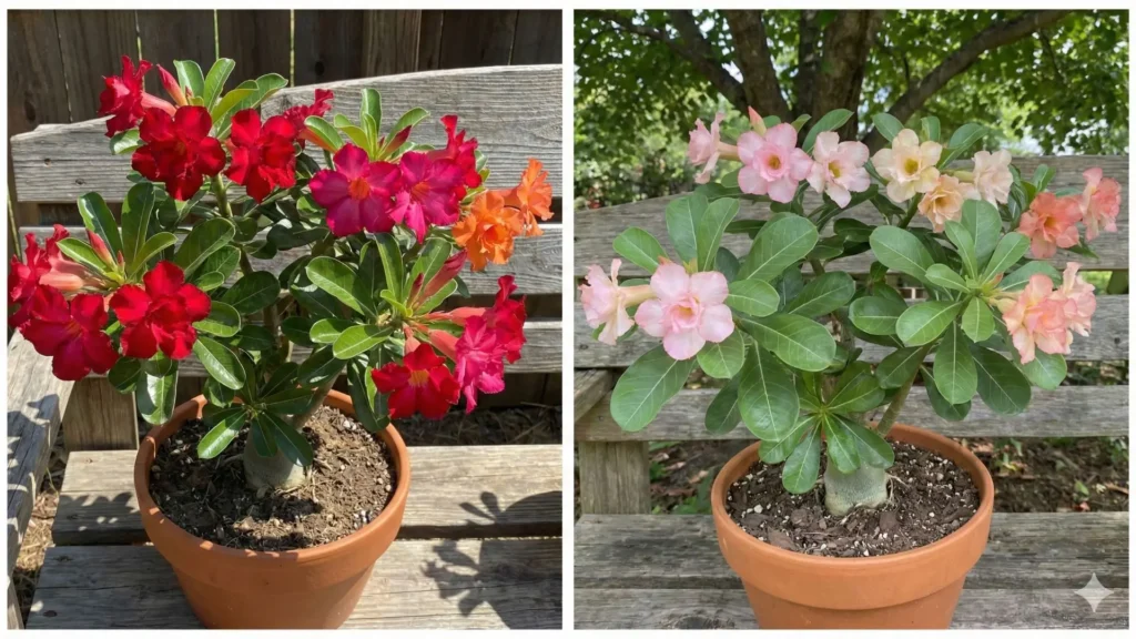 Cores da rosa do deserto variando conforme clima, luz solar e adubação em plantas cultivadas em vasos