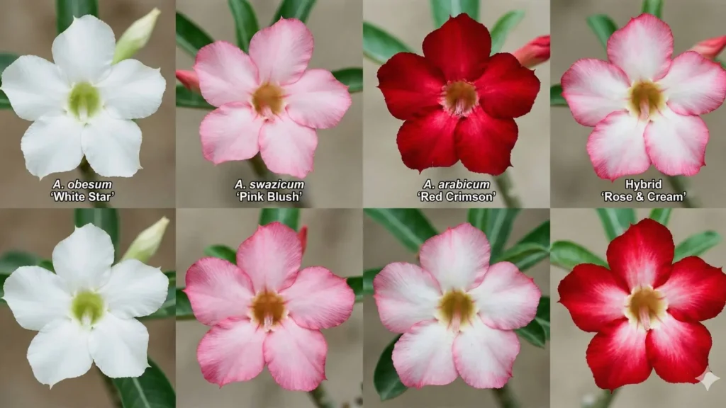 Cores da rosa do deserto influenciadas pela genética, mostrando diferentes variedades de Adenium com flores brancas, rosas e vermelhas