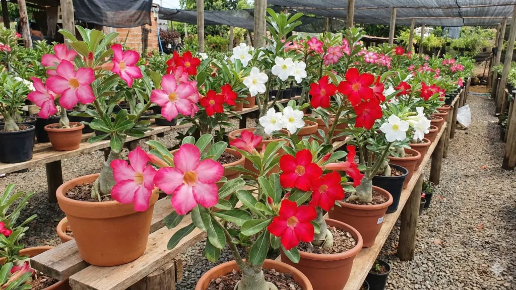 Cores da rosa do deserto mais procuradas no Brasil, com flores rosa, vermelha e branca cultivadas em vasos alinhados em viveiro
