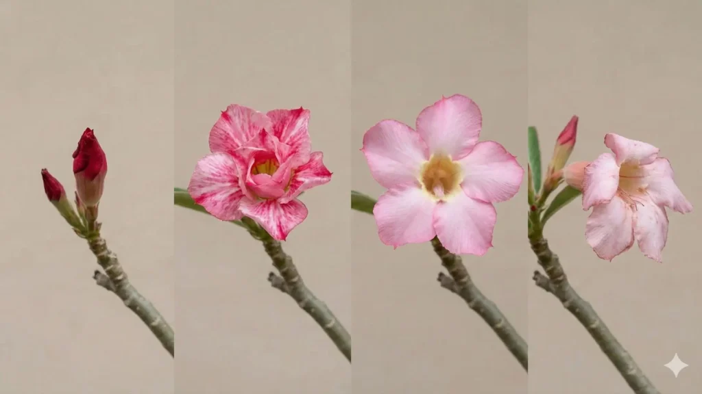 Cores da rosa do deserto mudando com o tempo, do botão fechado até a flor totalmente aberta em tons de rosa
