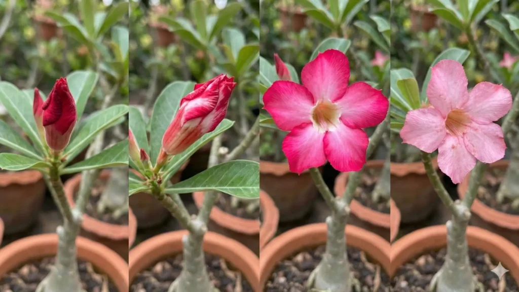 Cores da rosa do deserto mudando naturalmente durante a floração, do botão fechado à flor aberta