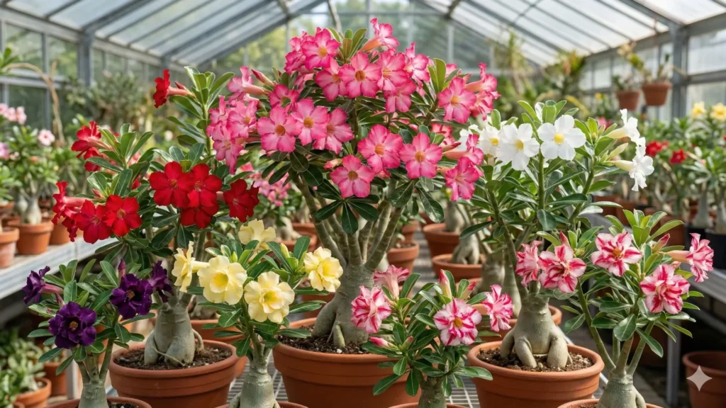 Cores da rosa do deserto em diferentes variedades cultivadas em estufa, mostrando tons rosa, vermelho, branco, amarelo, roxo e mesclados preferidos pelos cultivadores