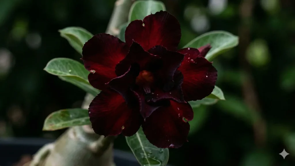 Cores da rosa do deserto em flor muito escura que parece preta sob baixa iluminação