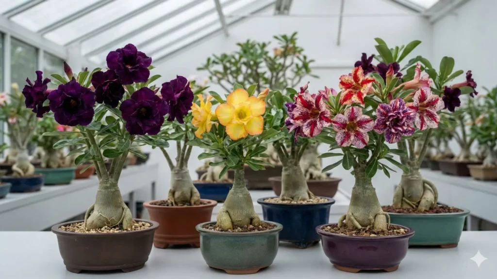 Cores da rosa do deserto em tendências entre colecionadores, com plantas exibindo flores roxas, amarelas e mescladas cultivadas em vasos