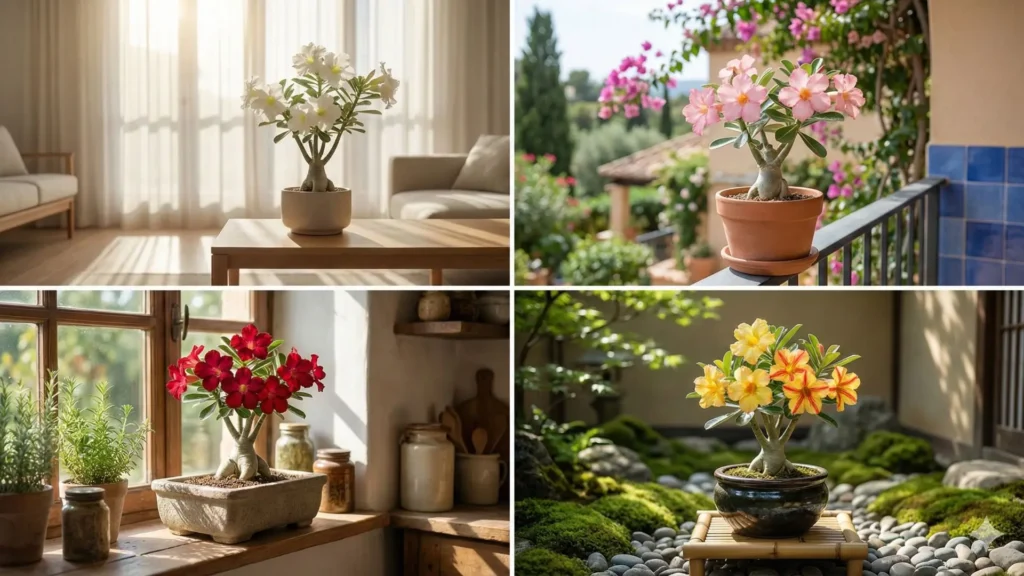 Rosa do deserto em diferentes cores usadas na decoração de ambientes internos e externos, com vasos decorativos em salas, varandas e jardins