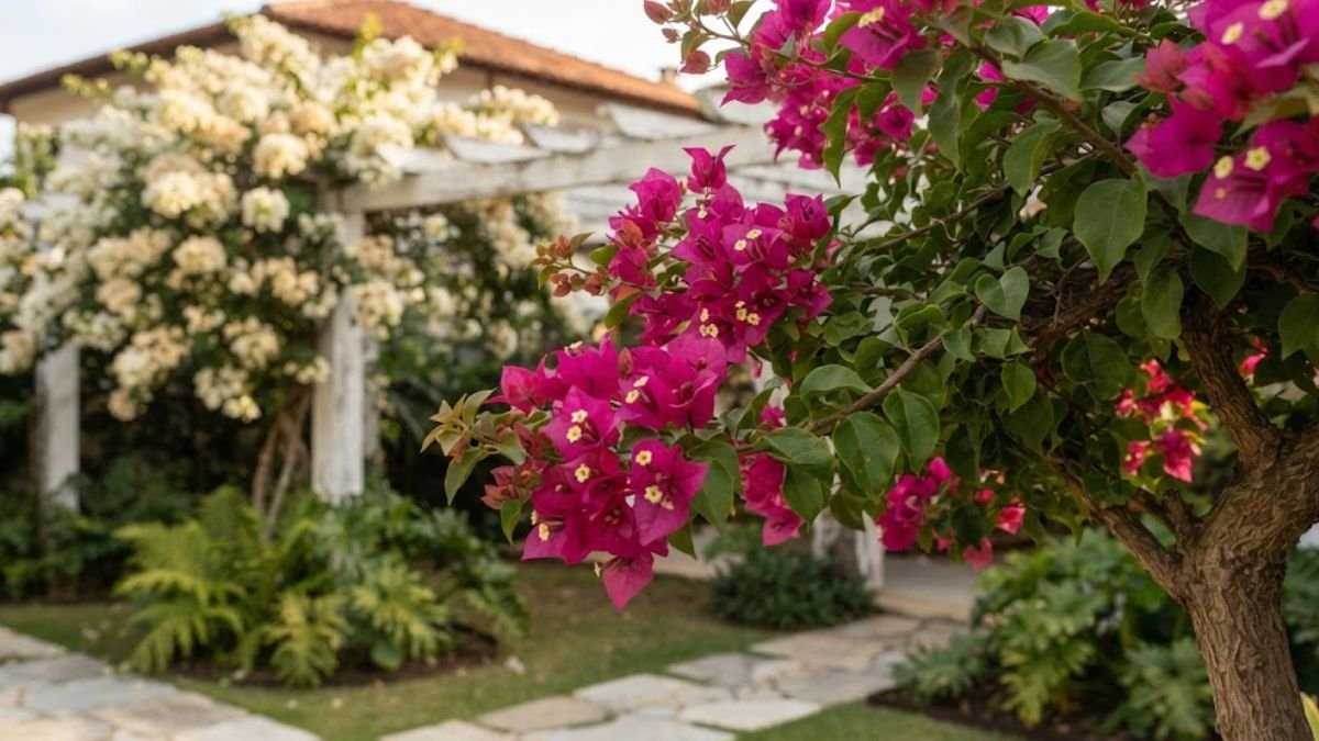 Cores da primavera Bougainvillea com ramo magenta em destaque e planta branca ao fundo