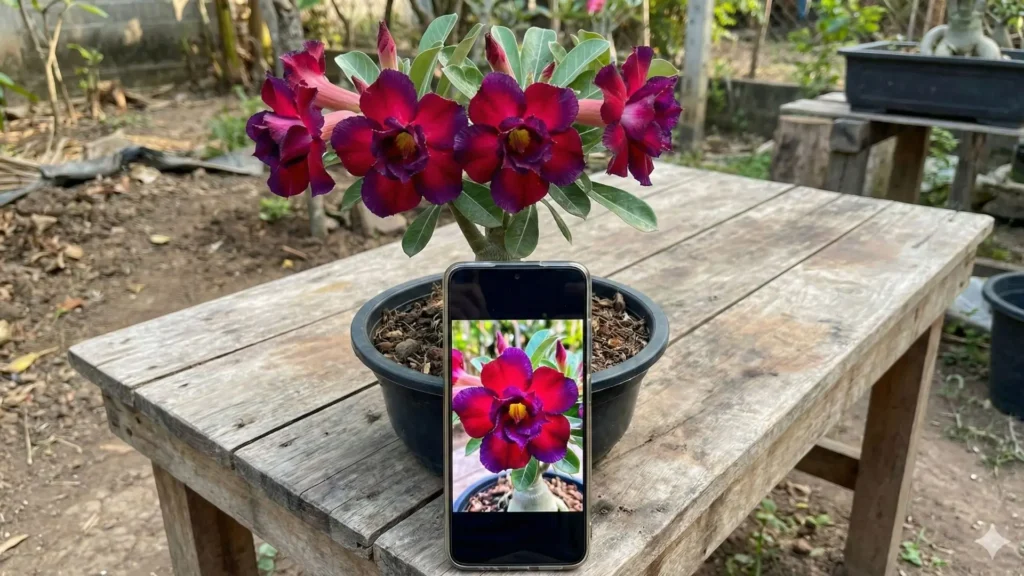Rosa do deserto com flor em tom vermelho vinho intenso fotografada ao lado de um celular, mostrando a diferença entre a cor real da planta e a cor exibida na tela