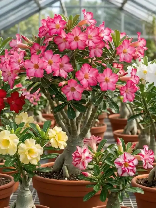 Cores da rosa do deserto em diferentes variedades cultivadas em estufa, mostrando tons rosa, vermelho, branco, amarelo, roxo e mesclados preferidos pelos cultivadores